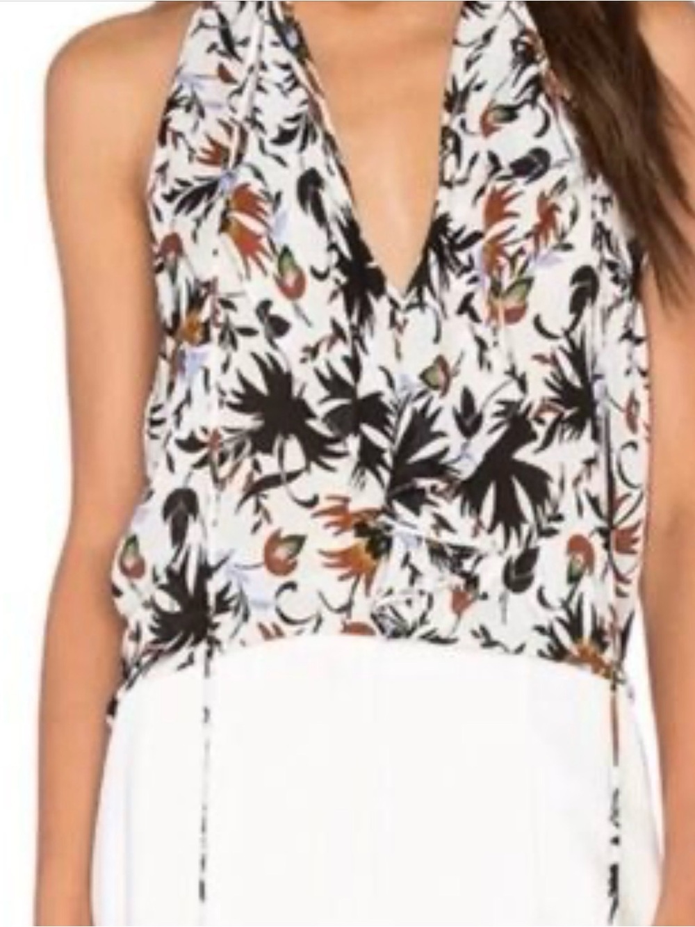 A.L.C. Floral Halter Tie-Front Camisole in White, Black & Brown